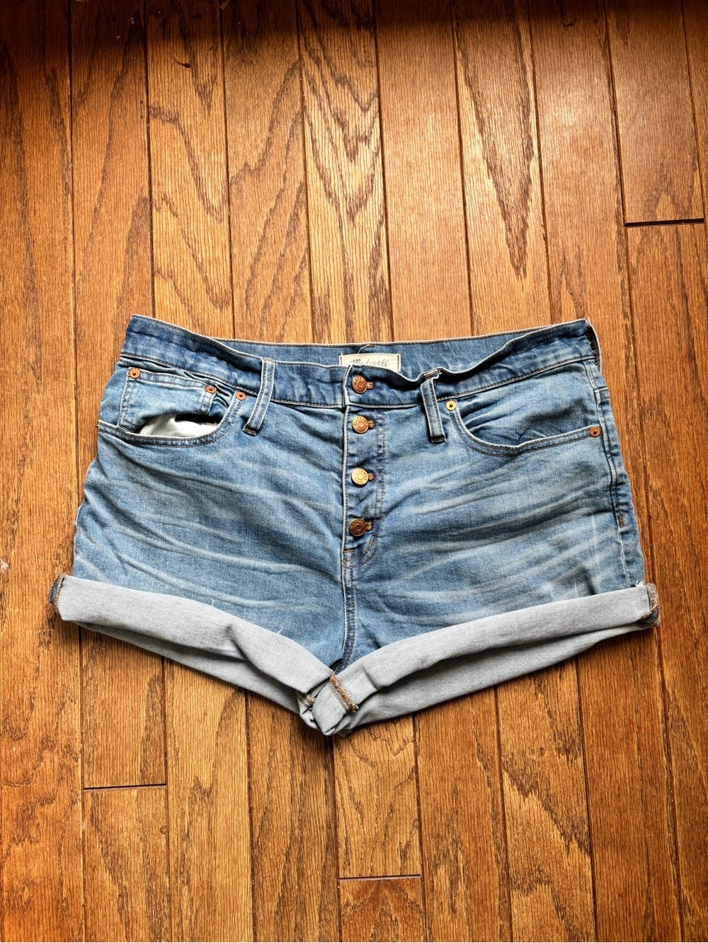 Madewell high-rise denim jean shorts size 32 copper button down closure